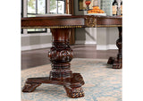 Normandy Brown Cherry dining table, carved pedestal base and ornate apron, close-up detail