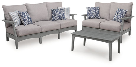 Cove Beach Outdoor Sofa and Loveseat with Coffee Table in Gray from Ashley - Luna Furniture