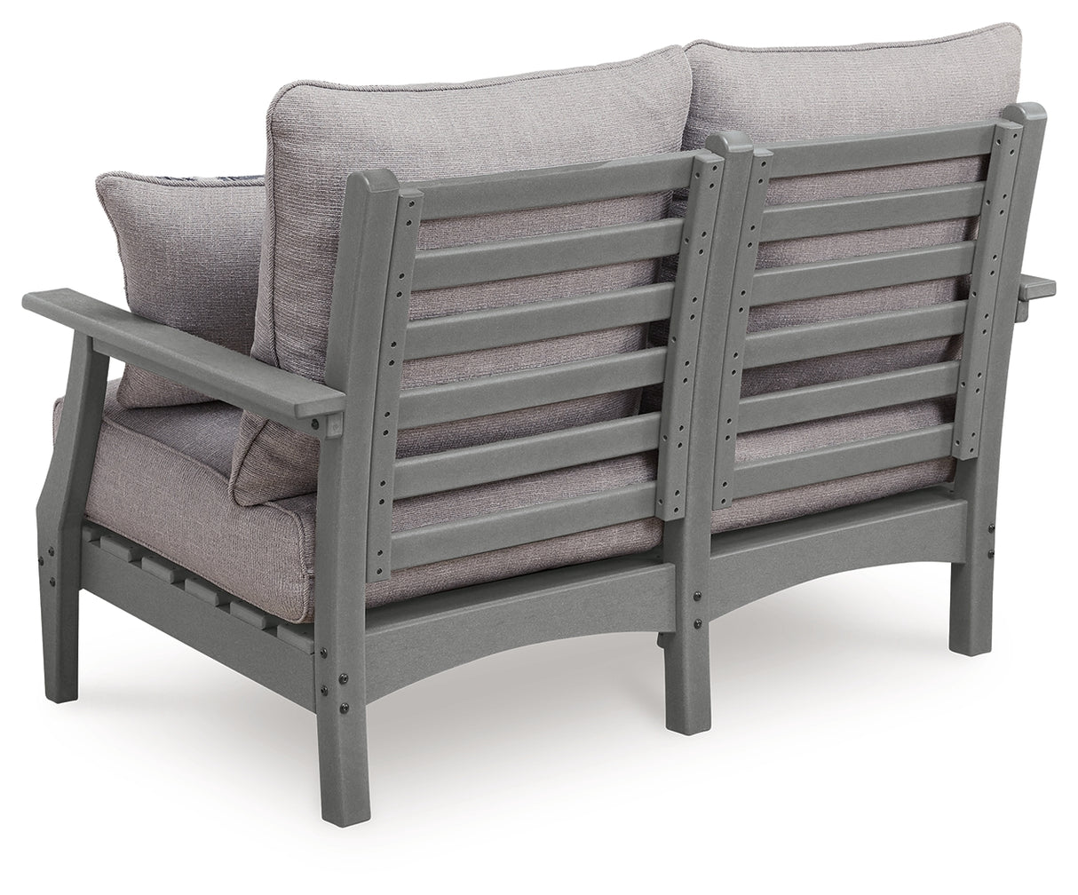 Cove Beach Outdoor Sofa and Loveseat with Coffee Table in Gray from Ashley Furniture - Luna Furniture