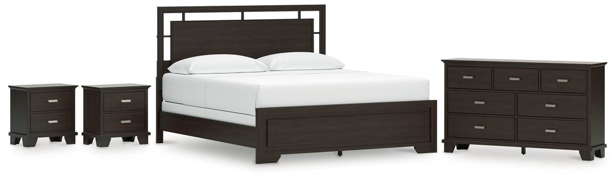 Covetown California King Panel Bed with Dresser and 2 Nightstands in Dark Brown from Ashley - Luna Furniture
