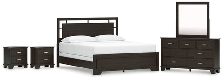 Covetown California King Panel Bed with Mirrored Dresser and 2 Nightstands in Dark Brown from Ashley - Luna Furniture