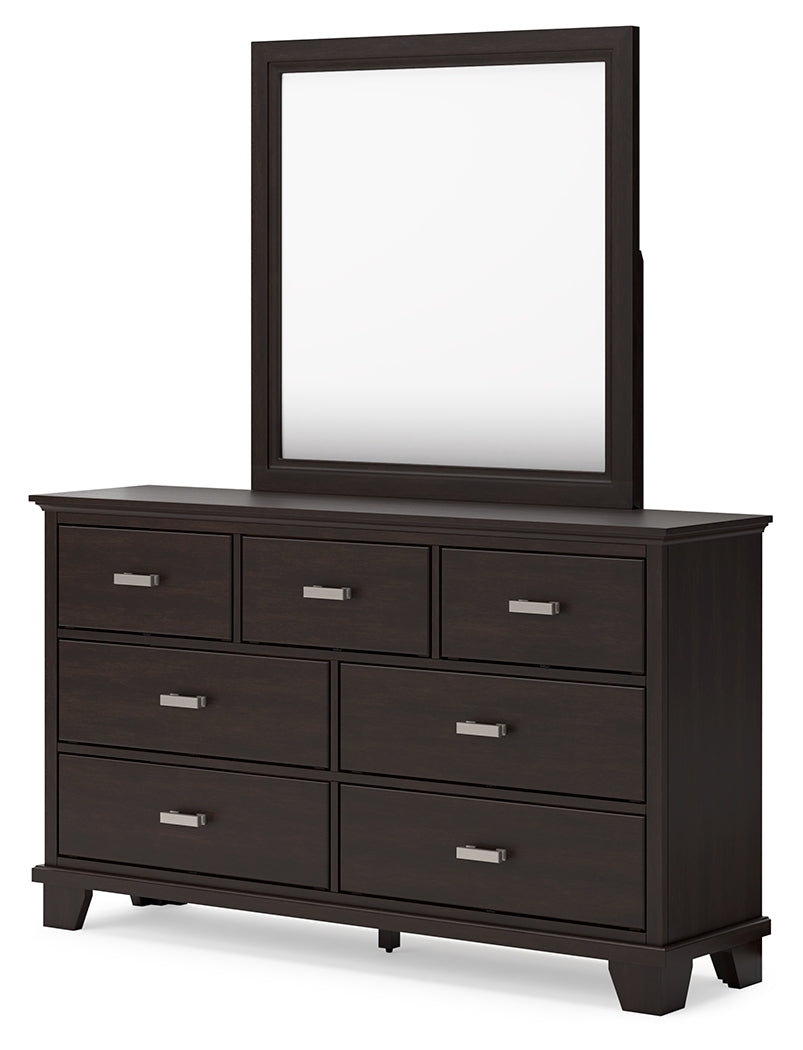 Covetown California King Panel Bed with Mirrored Dresser and Chest in Dark Brown from Ashley - Luna Furniture