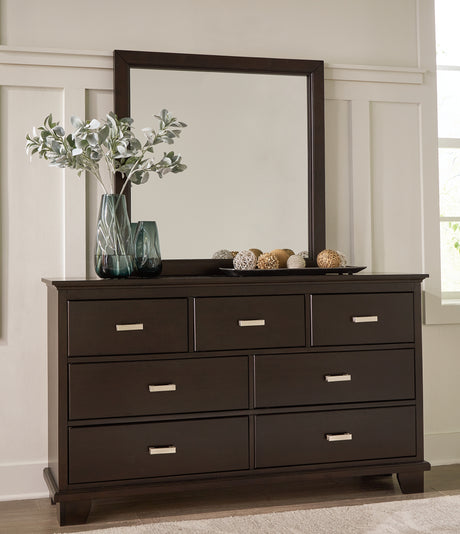Covetown California King Panel Bed with Mirrored Dresser, Chest and 2 Nightstands in Dark Brown from Ashley - Luna Furniture