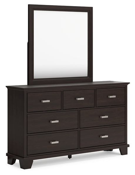 Covetown California King Panel Bed with Mirrored Dresser, Chest and Nightstand in Dark Brown from Ashley - Luna Furniture