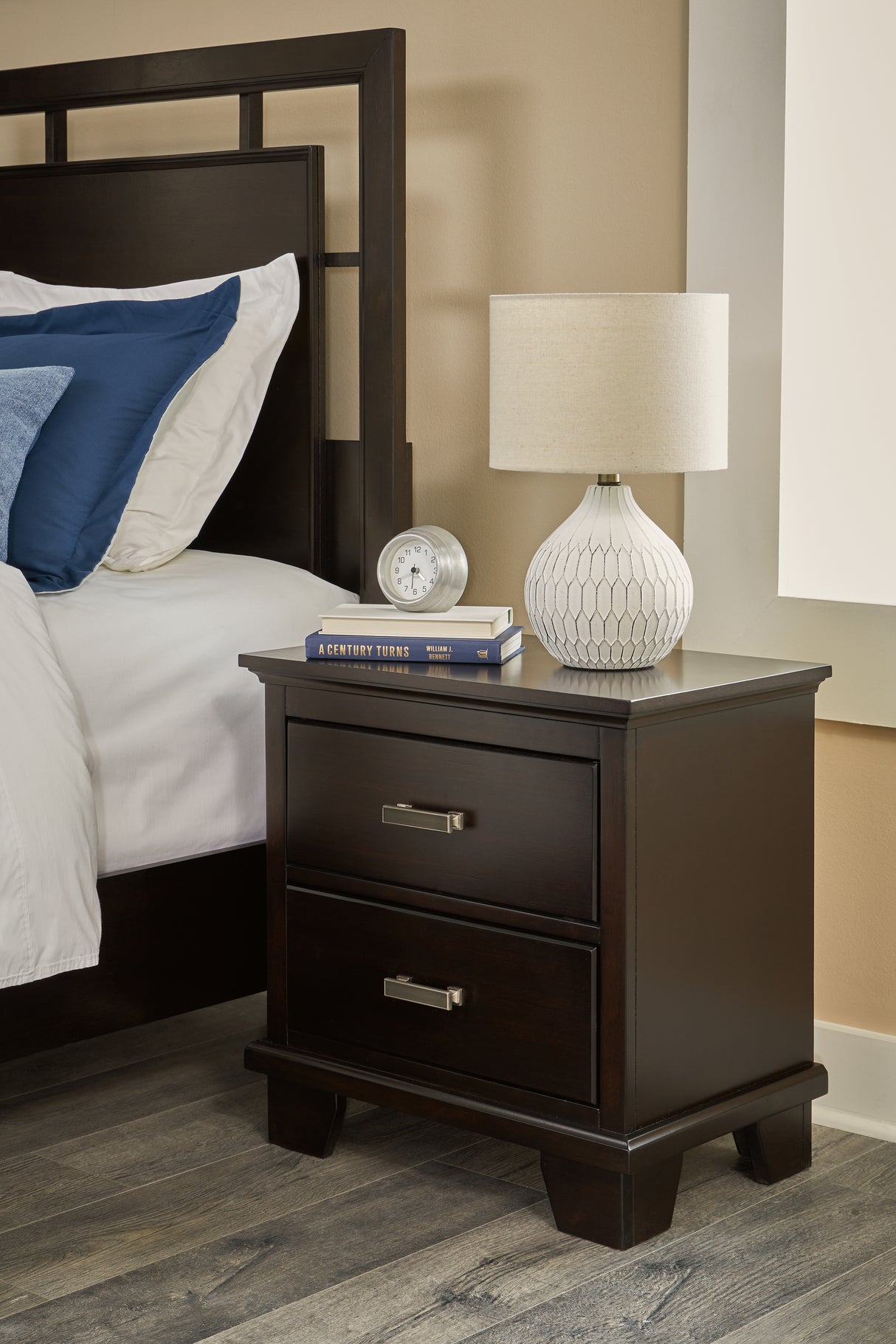 Covetown California King Panel Bed with Mirrored Dresser, Chest and Nightstand in Dark Brown from Ashley - Luna Furniture