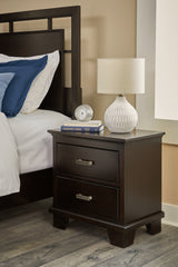 Covetown California King Panel Bed with Mirrored Dresser, Chest and Nightstand in Dark Brown from Ashley - Luna Furniture