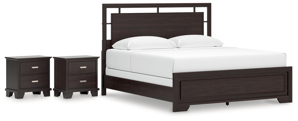 Covetown King Panel Bed with 2 Nightstands in Dark Brown from Ashley - Luna Furniture