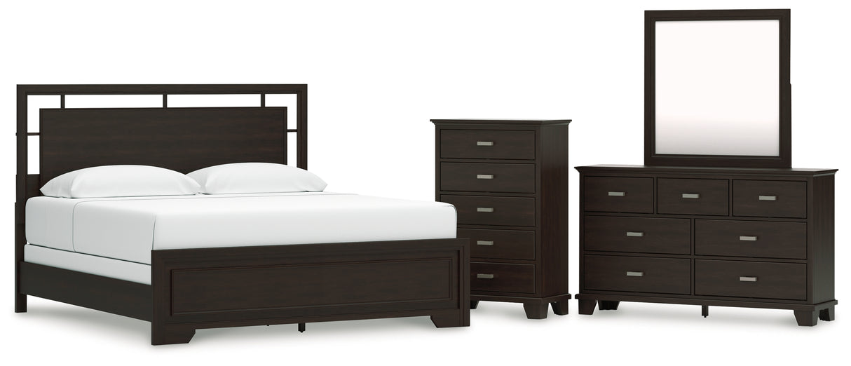 Covetown King Panel Bed with Mirrored Dresser and Chest in Dark Brown from Ashley - Luna Furniture
