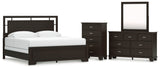 Covetown King Panel Bed with Mirrored Dresser and Chest in Dark Brown from Ashley - Luna Furniture