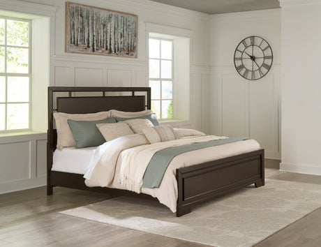 Covetown King Panel Bed with Mirrored Dresser, Chest and Nightstand in Dark Brown from Ashley - Luna Furniture