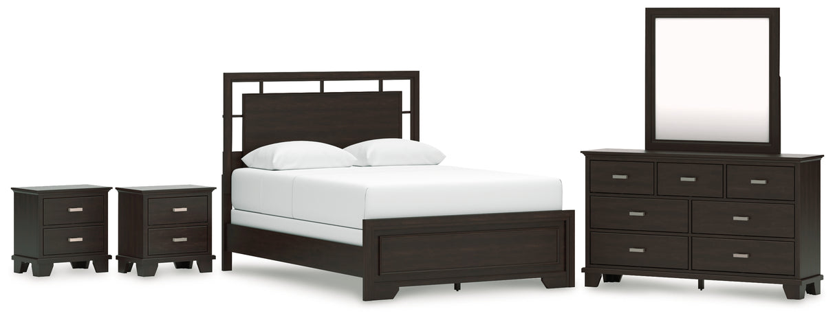 Covetown Queen Panel Bed with Mirrored Dresser and 2 Nightstands in Dark Brown from Ashley - Luna Furniture