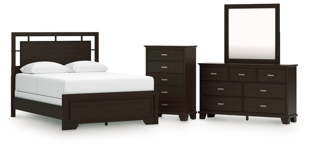 Covetown Queen Panel Bed with Mirrored Dresser and Chest in Dark Brown from Ashley - Luna Furniture
