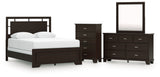 Covetown Queen Panel Bed with Mirrored Dresser and Chest in Dark Brown from Ashley - Luna Furniture