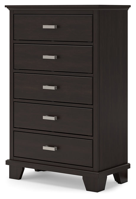 Covetown Queen Panel Bed with Mirrored Dresser, Chest and 2 Nightstands in Dark Brown from Ashley - Luna Furniture