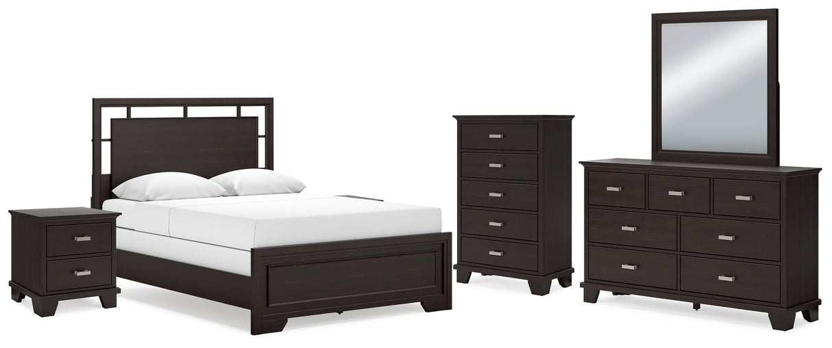 Covetown Queen Panel Bed with Mirrored Dresser, Chest and 2 Nightstands in Dark Brown from Ashley - Luna Furniture