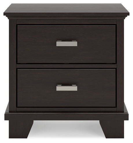 Covetown Queen Panel Bed with Mirrored Dresser, Chest and 2 Nightstands in Dark Brown from Ashley - Luna Furniture