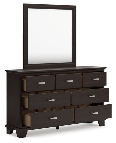 Covetown Queen Panel Bed with Mirrored Dresser, Chest and 2 Nightstands in Dark Brown from Ashley - Luna Furniture
