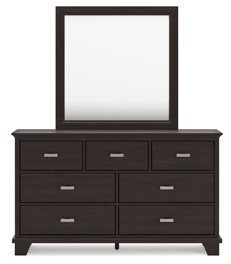 Covetown Queen Panel Bed with Mirrored Dresser, Chest and 2 Nightstands in Dark Brown from Ashley - Luna Furniture