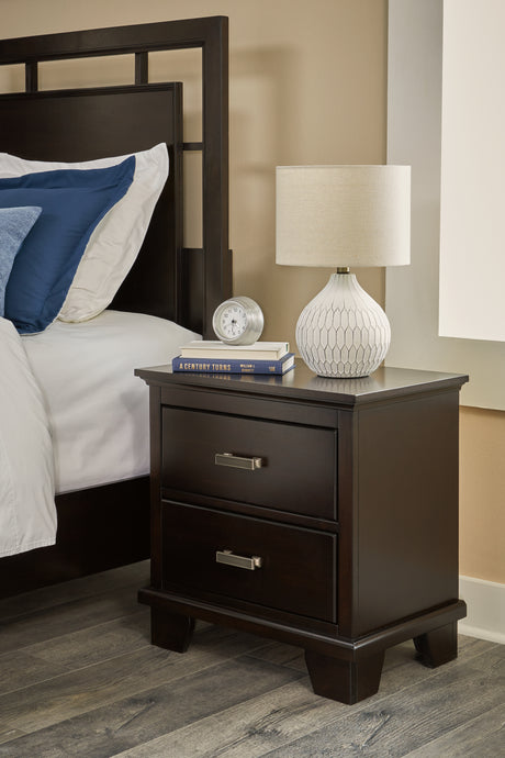 Covetown Queen Panel Bed with Mirrored Dresser, Chest and Nightstand in Dark Brown from Ashley - Luna Furniture