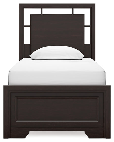 Covetown Twin Panel Bed with Mirrored Dresser and 2 Nightstands in Dark Brown from Ashley - Luna Furniture