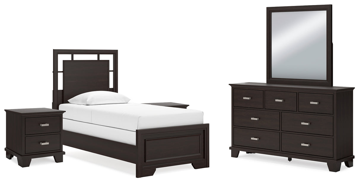 Covetown Twin Panel Bed with Mirrored Dresser and 2 Nightstands in Dark Brown from Ashley - Luna Furniture