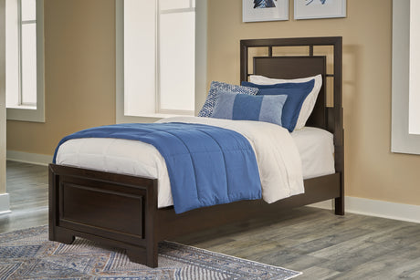 Covetown Twin Panel Bed with Mirrored Dresser and Nightstand in Dark Brown from Ashley - Luna Furniture