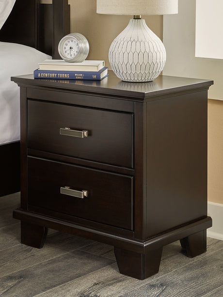 Covetown Twin Panel Bed with Mirrored Dresser, Chest and Nightstand in Dark Brown from Ashley - Luna Furniture