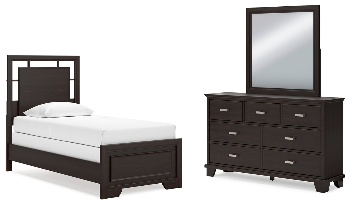 Covetown Twin Panel Bed with Mirrored Dresser in Dark Brown from Ashley - Luna Furniture
