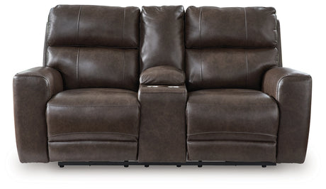 Crossplex Smoke Power Reclining Loveseat with Console from Ashley - Luna Furniture