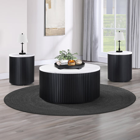 Colvin 36″ Round Castered White Marble Top Coffee Table, Black Finish from Steve Silver - Luna Furniture