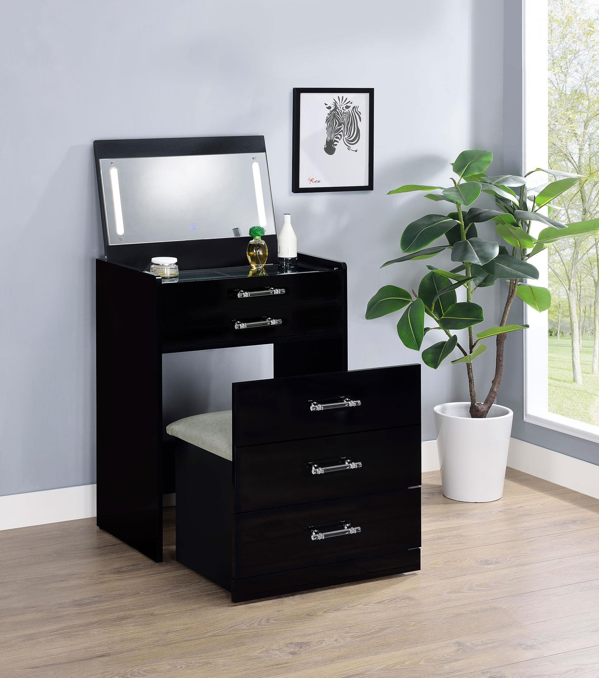 Danbury 3-drawer Makeup Vanity & Stool Set Black High Gloss from Coaster - Luna Furniture