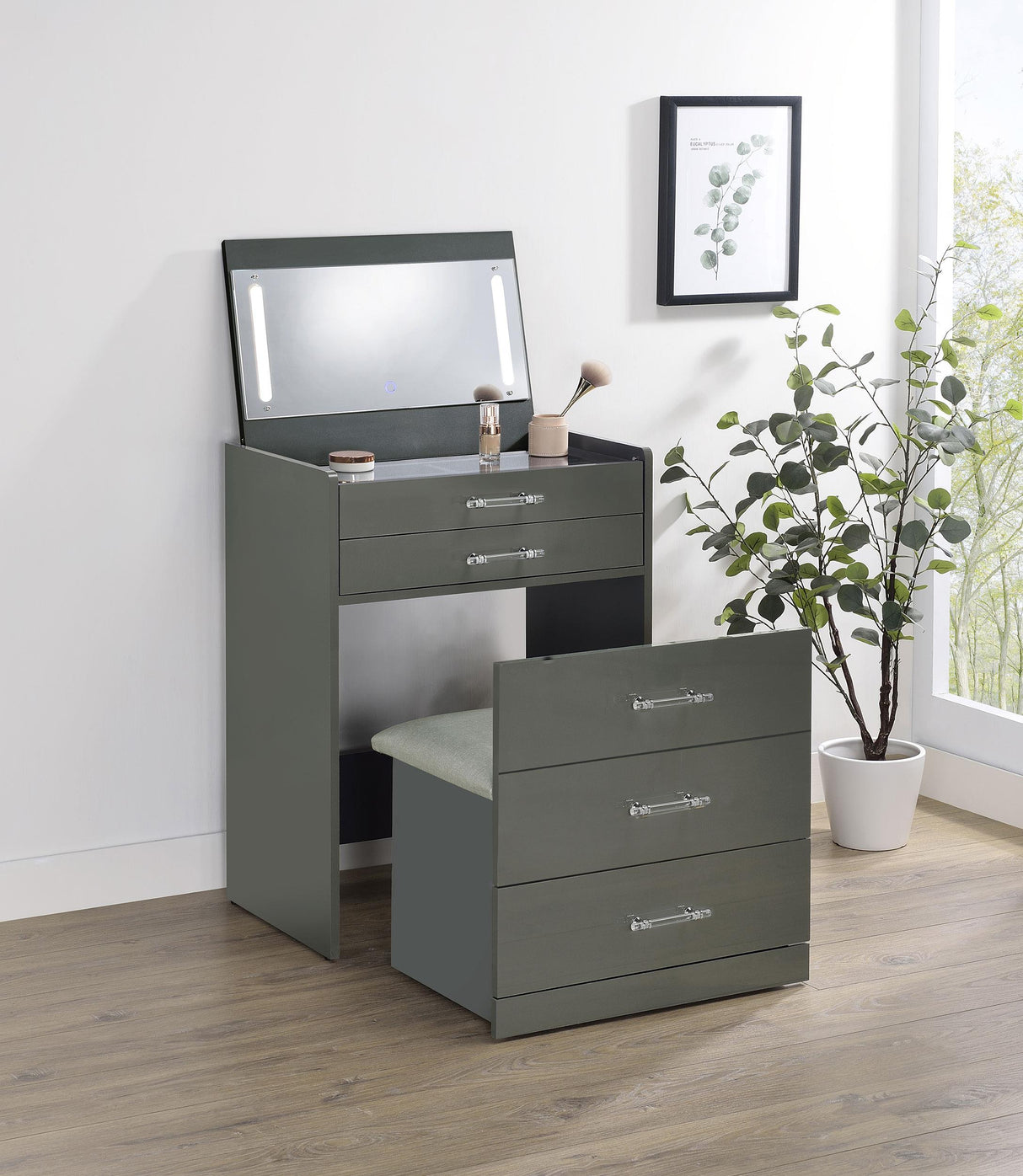Danbury 3-drawer Makeup Vanity & Stool Set Grey High Gloss from Coaster - Luna Furniture
