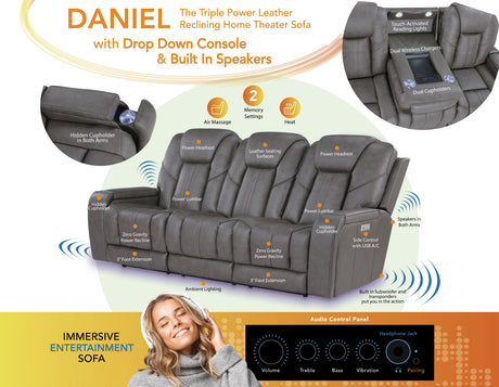 Daniel Triple Power Home Theater Leather Reclining Sofa with Drop-Down Control Console, Built-in Speakers & Vibration, Heat, and Massage from Steve Silver - Luna Furniture