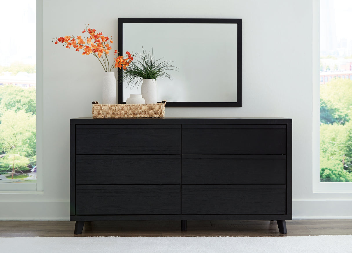 Danziar Queen Panel Headboard with Mirrored Dresser, Chest and 2 Nightstands in Black from Ashley - Luna Furniture