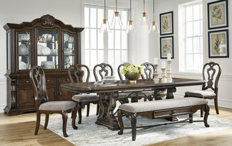 Maylee Dark Brown Dining Table and 6 Chairs and Bench from Ashley - Luna Furniture