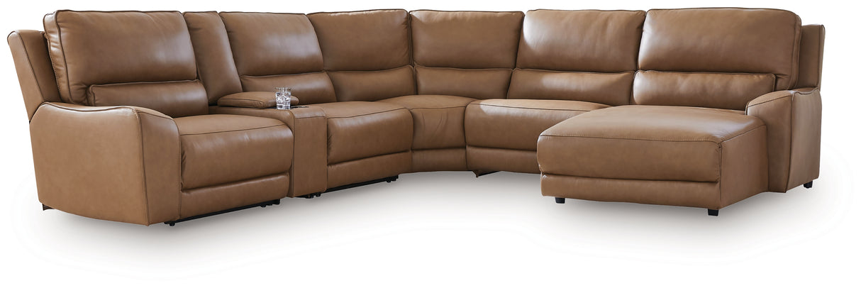 DeepWakes Caramel 6-Piece Power Reclining Sectional with RAF Chaise from Ashley Furniture - Luna Furniture