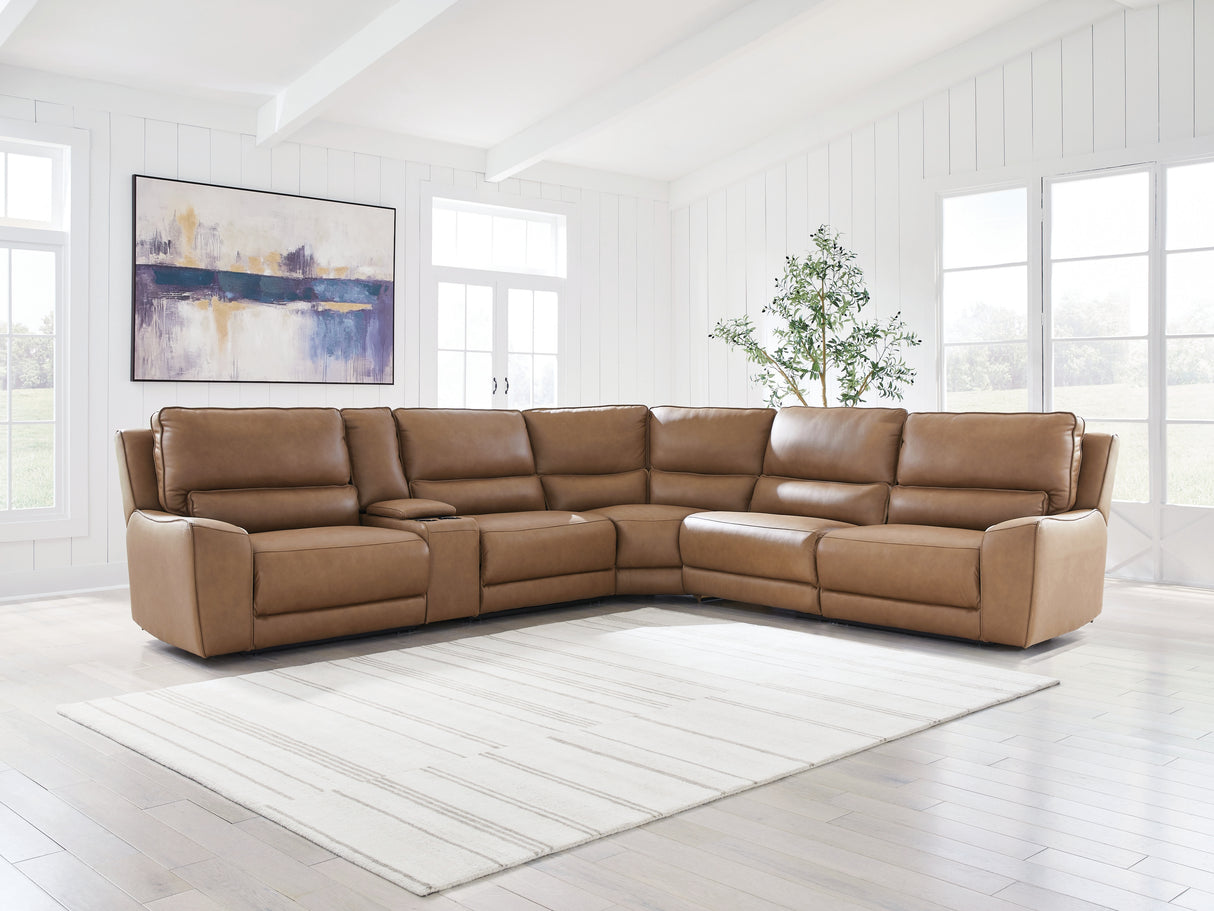 DeepWakes Caramel 6-Piece Reclining Sectional with Storage Console from Ashley Furniture - Luna Furniture