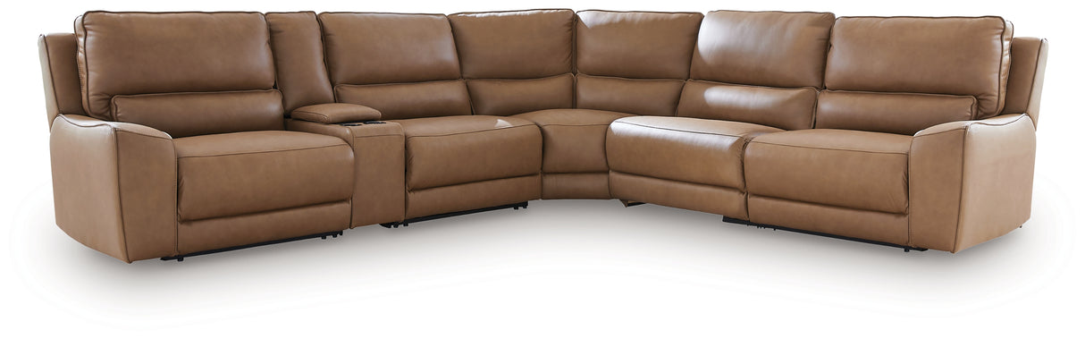 DeepWakes Caramel 6-Piece Reclining Sectional with Storage Console from Ashley Furniture - Luna Furniture