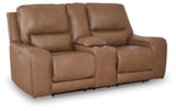 DeepWakes Caramel Power Reclining Loveseat with Console from Ashley - Luna Furniture