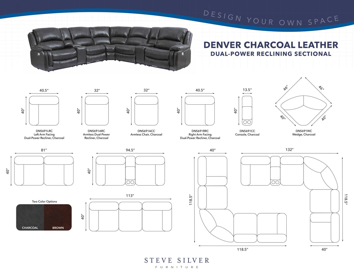 Denver Charcoal Dual-Power 6-Piece Sectional from Steve Silver - Luna Furniture