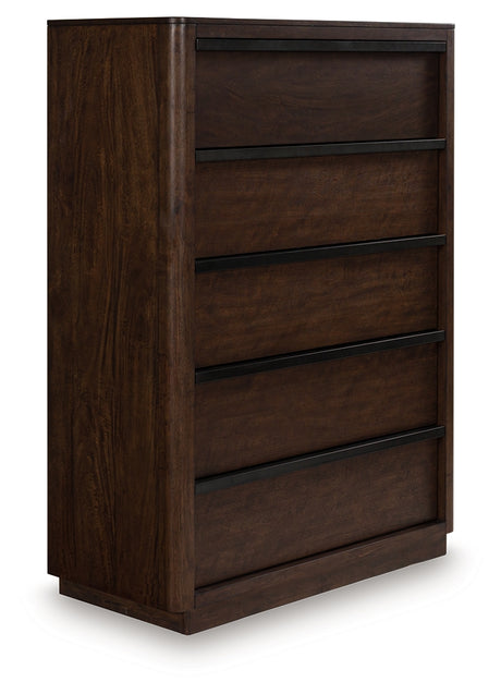 Dilenno California King Canopy Bed with Mirrored Dresser, Chest and 2 Nightstands in Dark Brown from Ashley - Luna Furniture