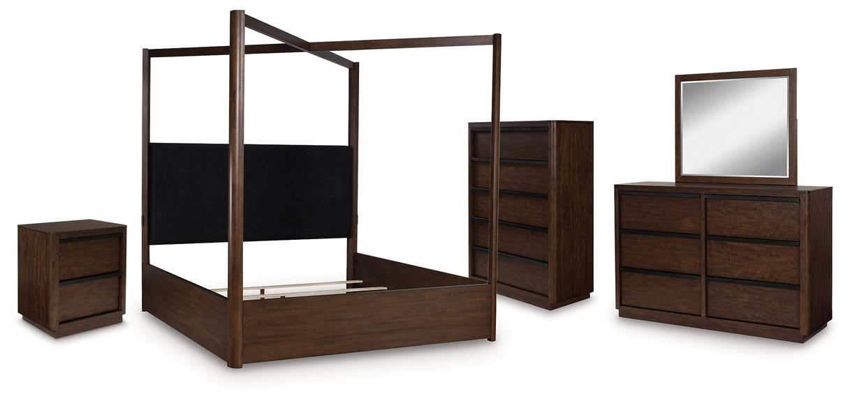 Dilenno California King Canopy Bed with Mirrored Dresser, Chest and Nightstand in Dark Brown from Ashley - Luna Furniture