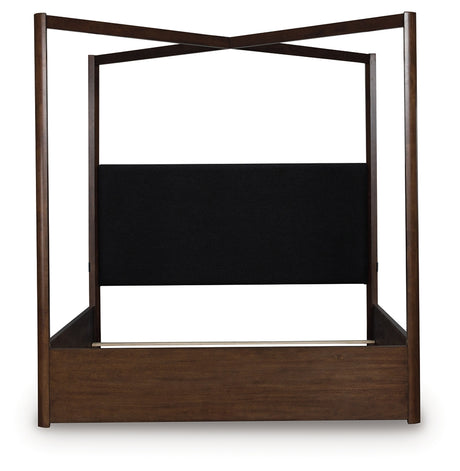 Dilenno King Canopy Bed with Mirrored Dresser and 2 Nightstands in Dark Brown from Ashley - Luna Furniture