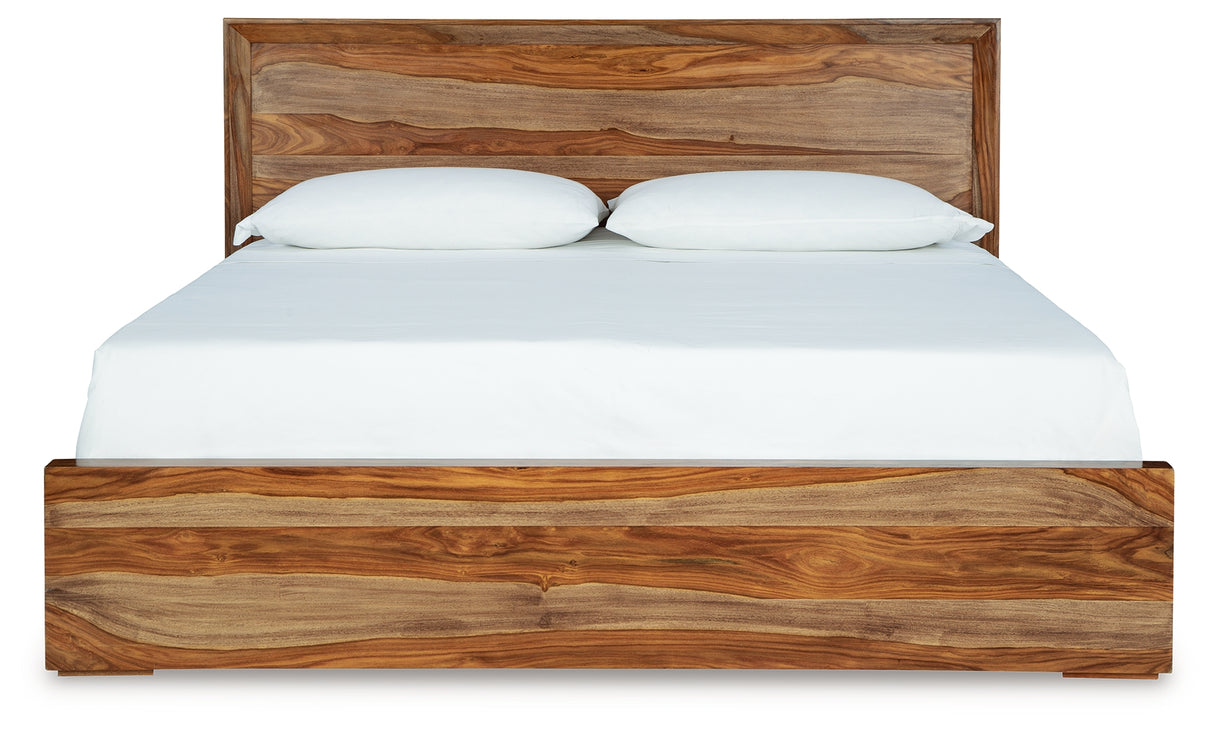Dressonni California King Panel Bed with Mirrored Dresser in Brown from Ashley - Luna Furniture