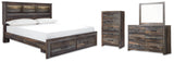 Drystan King Bookcase Bed with 2 Storage Drawers with Mirrored Dresser and Chest in Multi from Ashley - Luna Furniture