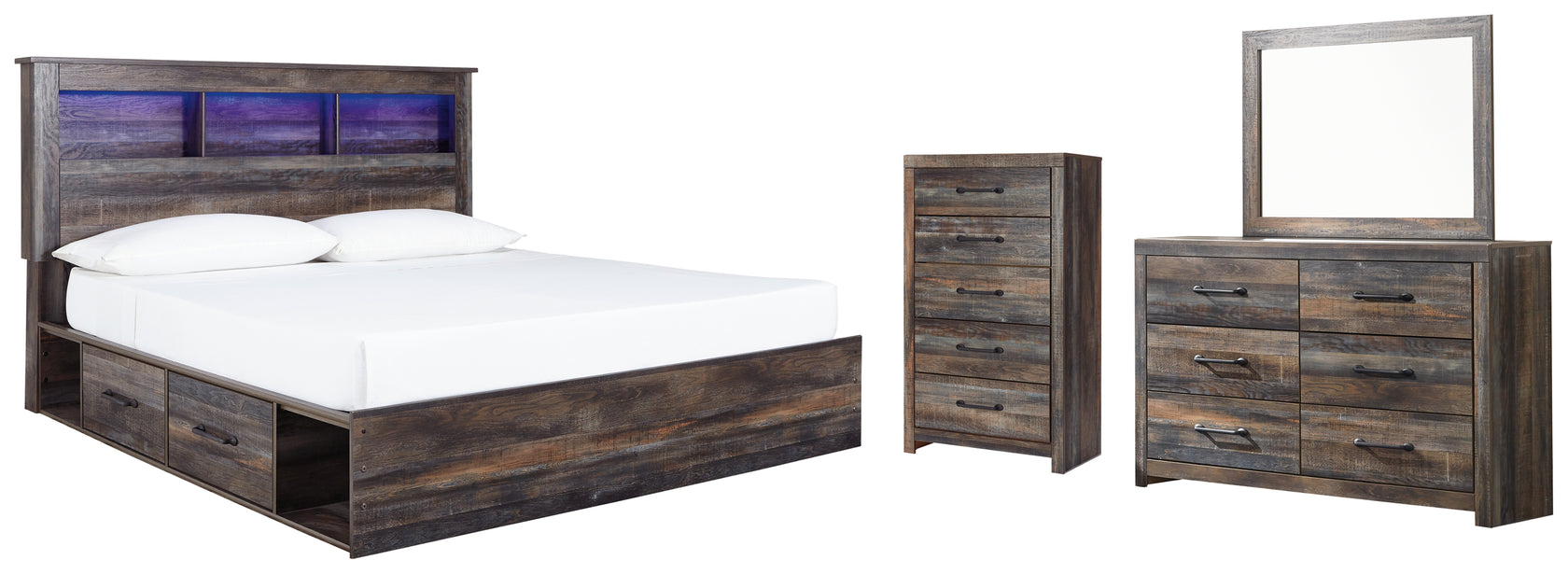 Drystan King Bookcase Bed with 2 Storage Drawers with Mirrored Dresser and Chest in Multi from Ashley - Luna Furniture