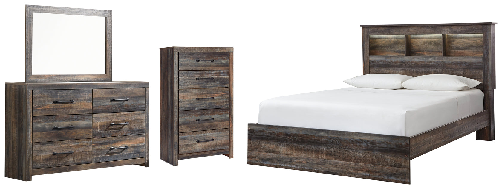 Drystan Queen Bookcase Bed with Mirrored Dresser and Chest in Multi from Ashley - Luna Furniture