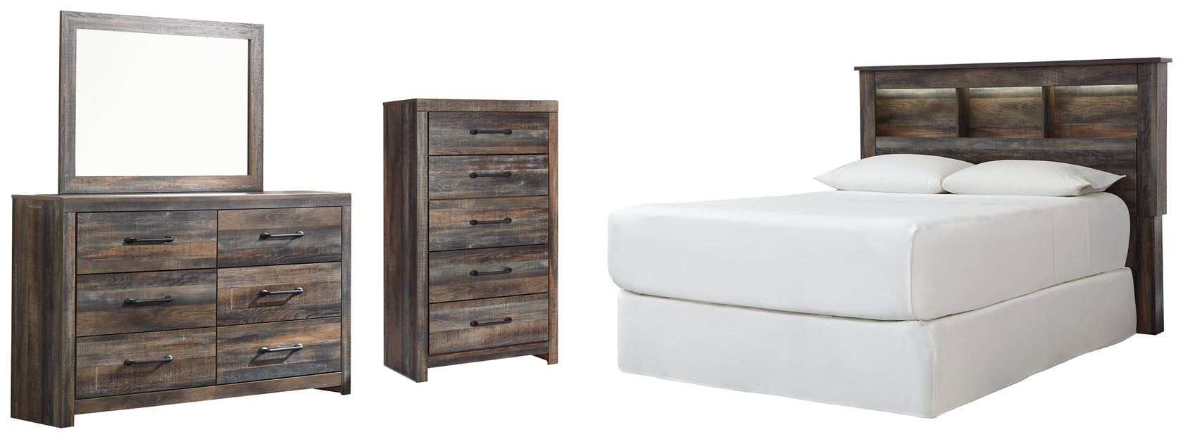 Drystan Queen/Full Bookcase Headboard Bed with Mirrored Dresser and Chest in Multi from Ashley - Luna Furniture