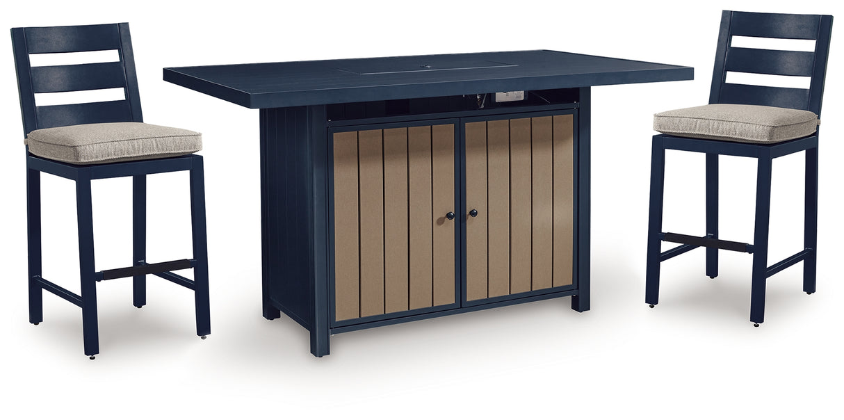 East Beach Outdoor Fire Pit Bar Table and 4 Barstools in Navy Blue/Driftwood from Ashley - Luna Furniture