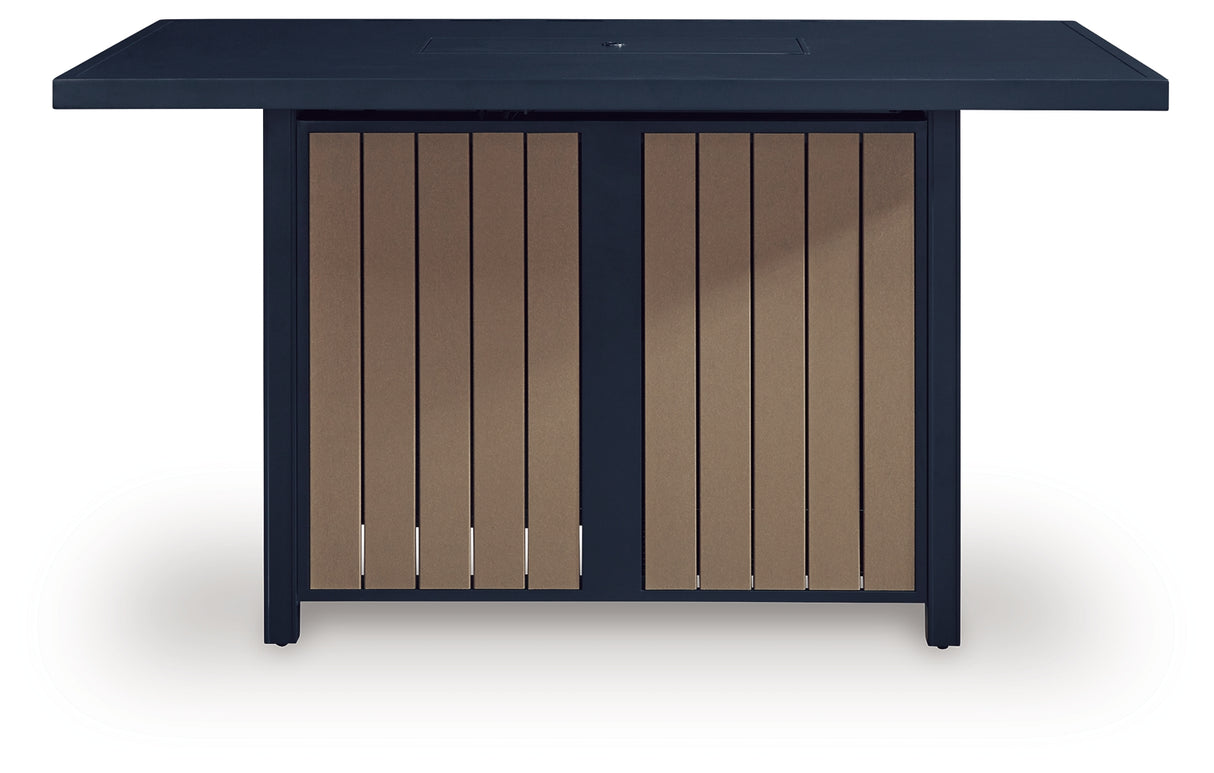 East Beach Outdoor Fire Pit Bar Table and 4 Barstools in Navy Blue/Driftwood from Ashley - Luna Furniture